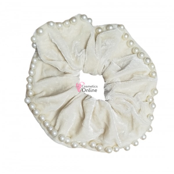Elastic pentru par Cod ECD007AA din catifea Vanilie cu perle sidefate